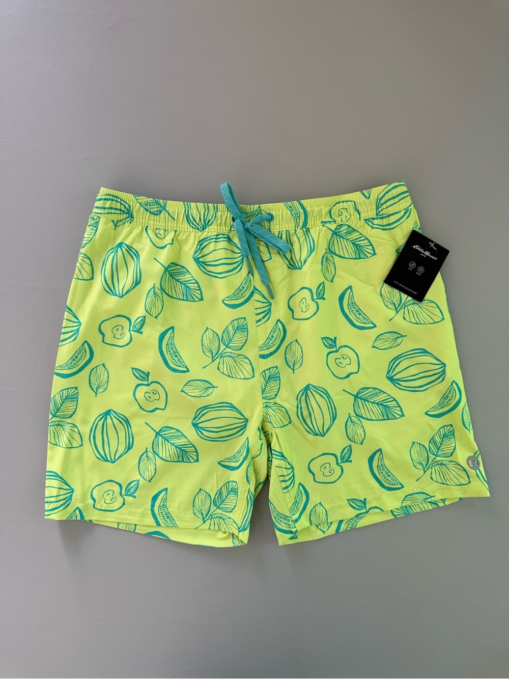 Eddie Bauer Men's Large or XL Swim Trunks Neon Yellow Green Fruit Volley - New